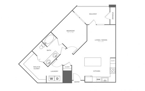 Floor plan for 1 bed, 1 bath, 826 sqft